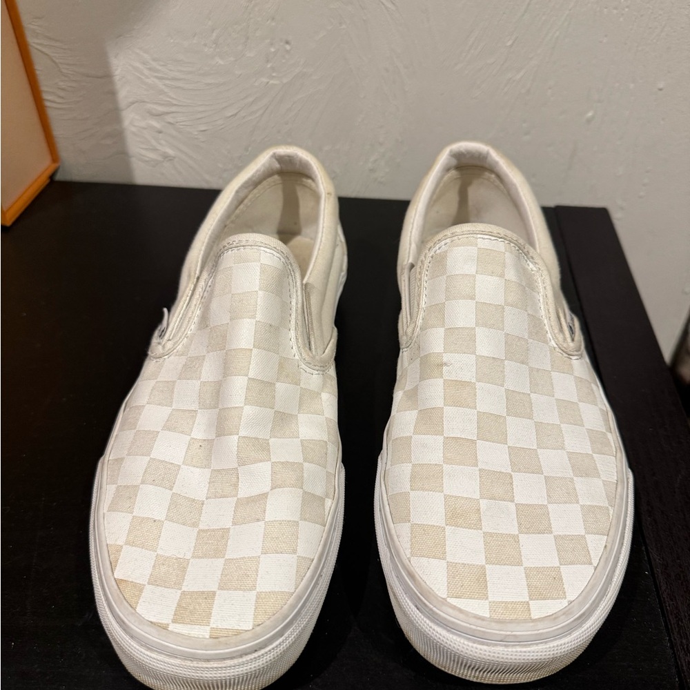 Vans White and Cream Checkered Slip-On Sneakers